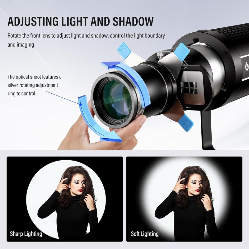 soonpho Bowens Mount Projector Attachment with Dual Magnetic GOBO Frame 4 Shutters,Optical Snoot Photography Kit for COB LED Light Compatible with Aputure Amaran Godox Neewer,4 Color Filters & 25 Gobos - Image 5